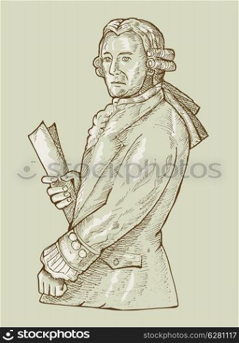 hand sketch illustration of a 17th century gentleman or aristocrat wearing wig.. 17th century gentleman or aristocrat wearing wig