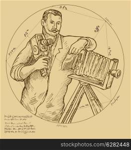 Hand sketch illustration of Vintage Photographer holding video camera made to look like it was done by a Renaissance artist. The hand written text,letters, numbers and symbols do not mean anything, just gibberish.