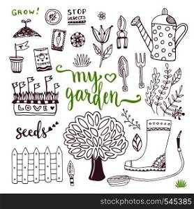 Hand sketch set of Garden doodle elements - seed packets, tools, tree and watering can.. Hand sketch set of Garden doodle elements - seed packets, tools, tree and watering can