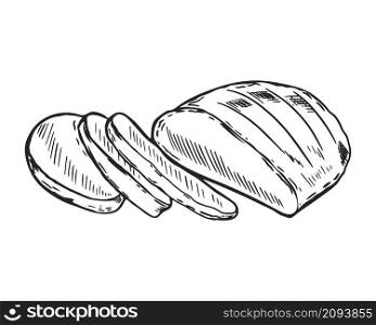 Hand sketch wheat bread vector illustration. Baton slices black outline line. Vintage loafwashka. Hand sketch wheat bread vector illustration