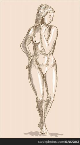 hand sketched Drawing of the female human anatomy figure. Drawing of the female human anatomy figure