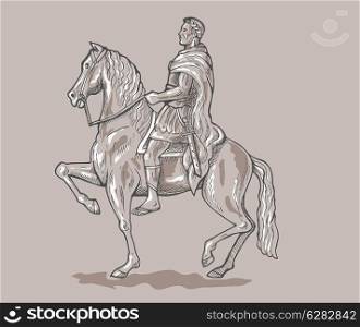 hand sketched, drawn vector illustration of a Roman emperor soldier riding horse.