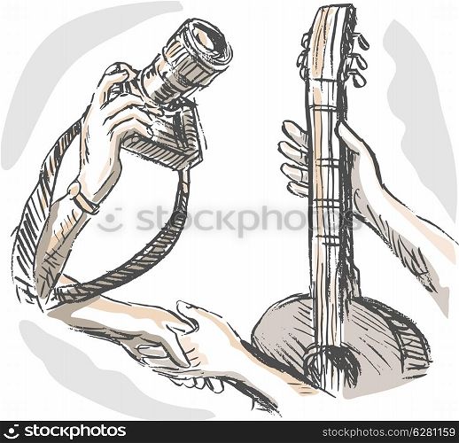 hand sketched illustration of Barter swapping hands with camera and guitar. Barter swapping hands with camera and guitar