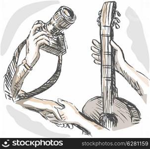 hand sketched illustration of Barter swapping hands with camera and guitar. Barter swapping hands with camera and guitar