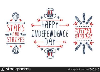 Hand-sketched independence day typographic elements. Stars and stripes. Happy Independence Day. 4th July. Suitable for print and web . Hand-sketched independence day typographic elements