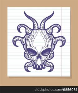 Hand sketched monsters skull with horns. Hand sketched monsters skull with horns on line page, vector illustration