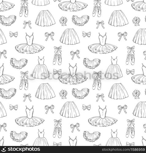 Hand sketched vector ballet dresses and shoes seamless pattern. Ballet dress and tutu, skirt classic illustration. Hand sketched vector ballet dresses and shoes seamless pattern