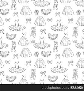 Hand sketched vector ballet dresses and shoes seamless pattern. Ballet dress and tutu, skirt classic illustration. Hand sketched vector ballet dresses and shoes seamless pattern