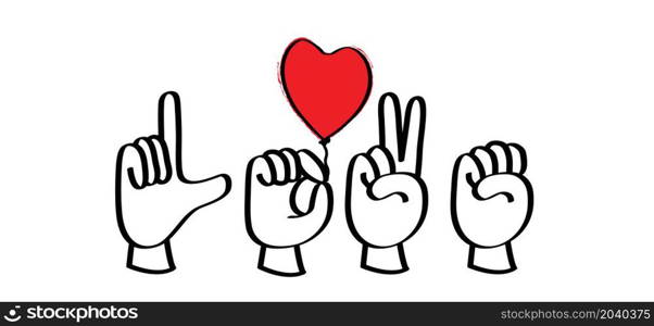 Hand spelling. Deaf sign language signs. Love heart month or happy singles day. 14 february, valentine, valentines day or for romantic, wedding banner. Fun vector icon. Love-filled day. Dactylonomy