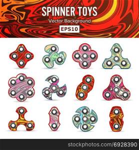 Hand spinner toys Set. Flat Vector Icons. Set Fidget Spinners. Different Colors. Trendy Toys For Stress Relief. Isolated On White. Vector Illustration.. Hand Spinner Toy. Fidget Toy For Increased Focus, Stress Relief. Popular Toys