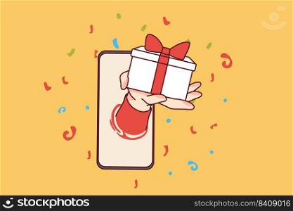 Hand stretching from cellular make surprise with bonus giftbox. Getting present from smartphone application. Concept of online marketing sales, shopping deal. Vector illustration.. Hand stretching from mobile with present