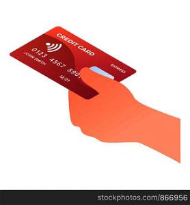 Hand take red credit card icon. Isometric of hand take red credit card vector icon for web design isolated on white background. Hand take red credit card icon, isometric style