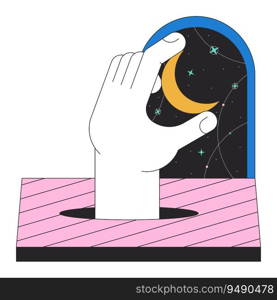 Hand taking moon off esoteric night sky flat line color isolated conceptual clipart. Surrealism. Editable vector object on white background. Simple outline cartoon spot illustration for web design. Hand taking moon off esoteric night sky flat line color isolated conceptual clipart