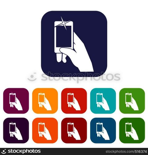 Hand taking pictures on cell phone icons set vector illustration in flat style in colors red, blue, green, and other. Hand taking pictures on cell phone icons set