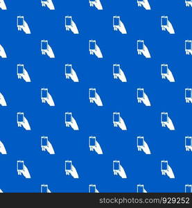 Hand taking pictures on cell phone pattern repeat seamless in blue color for any design. Vector geometric illustration. Hand taking pictures on cell phone pattern seamless blue