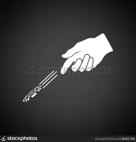 Hand throwing gamble chips icon. Black background with white. Vector illustration.