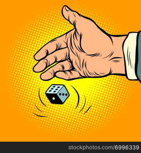 hand throws dice. Comic cartoon pop art retro vector illustration drawing. hand throws dice