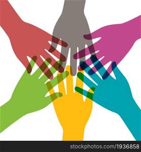 Hand together. Hands of teamwork. Group of people in team. Concept of community and success. Connect of hands for support and cooperation in team. Social help. Symbol of partnership, charity. Vector.. Hand together. Hands of teamwork. Group of people in team. Concept of community and success. Connect of hands for support and cooperation in team. Social help. Symbol of partnership, charity. Vector