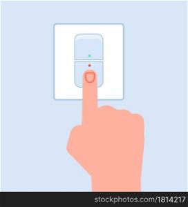 Hand toggles switch. Lights turned, finger touching electric switch. Energy savings, press on off, save power on earth utter vector concept. Illustration switch off energy, toggle light power. Hand toggles switch. Lights turned, finger touching electric switch. Energy savings, press on off, save power on earth utter vector concept