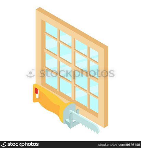 Hand tool icon isometric vector. Yellow reciprocating saw and large window icon. Construction and repair work. Hand tool icon isometric vector. Yellow reciprocating saw and large window icon