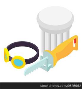 Hand tool icon isometric vector. Yellow reciprocating saw and safety glasses. Construction and repair work. Hand tool icon isometric vector. Yellow reciprocating saw and safety glasses
