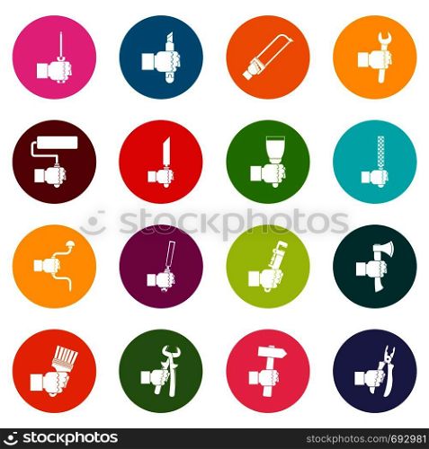 Hand tool icons many colors set isolated on white for digital marketing. Hand tool icons many colors set