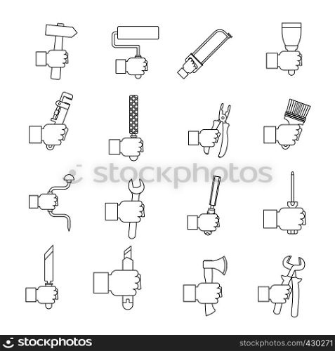 Hand tool icons set building. Outline illustration of 16 hand tool building vector icons for web. Hand tool icons set building, outline style