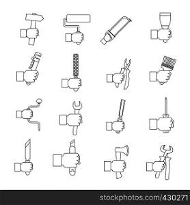 Hand tool icons set building. Outline illustration of 16 hand tool building vector icons for web. Hand tool icons set building, outline style