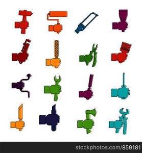 Hand tool icons set. Doodle illustration of vector icons isolated on white background for any web design. Hand tool icons doodle set