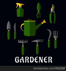 Hand tools icons for gardening design theme with trowel, knife, fork, shears, rake, scissors, spray bottle, weeding hoe, sickle and watering can. Isolated gadening tools flat icons