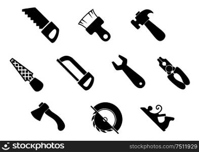 Hand tools icons with claw hammer, wrench, pliers, axe, paintbrush, hand saw, flat rasp, hacksaw and jack plane. Set of isolated hand tools icons