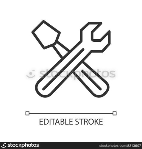 Hand tools linear icon. Automobile repair workshop. Settings menu. Maintenance. Wrench and screwdriver. Thin line illustration. Contour symbol. Vector outline drawing. Editable stroke. Arial font used. Hand tools linear icon