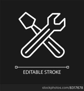 Hand tools white linear icon for dark theme. Automobile repair workshop. Settings menu. Wrench and screwdriver. Thin line illustration. Isolated symbol for night mode. Editable stroke. Arial font used. Hand tools white linear icon for dark theme