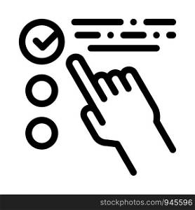 Hand Touch Check List Approved Mark Vector Icon Thin Line. Approved Sign On Document File, Protection Shield And Opened Carton Box Concept Linear Pictogram. Monochrome Contour Illustration. Hand Touch Check List Approved Mark Vector Icon
