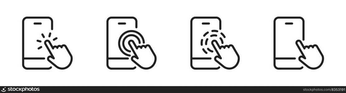 Hand touch screen smartphone. Vector illustration. Click on the smartphone. Finger touch mobile phone icon set. EPS 10.. Hand touch screen smartphone. Vector illustration. Click on the smartphone. Finger touch mobile phone icon set.
