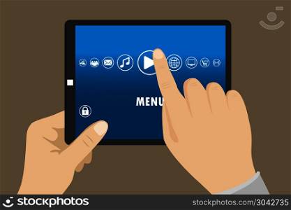 Hand touching blank screen of tablet computer,Eps 10 vector illu. Hand touching blank screen of tablet computer,Eps 10 vector illustration, flat design. Hand touching blank screen of tablet computer,Eps 10 vector illu
