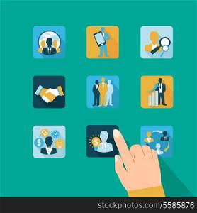 Hand touching business and management icons concept vector illustration.