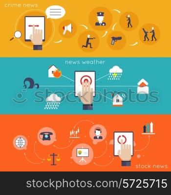 Hand touching mobile device screen crime weather stock news apps flat icon set isolated vector illustration