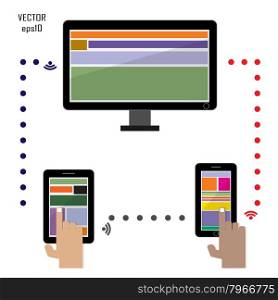 Hand touching smart phone and tablet with computer icon. Concept of communication in the network. vector illustration