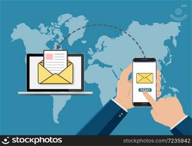 Hand touching smart phone with sending email symbol on laptop. New message. New email. Flat vector illustration.