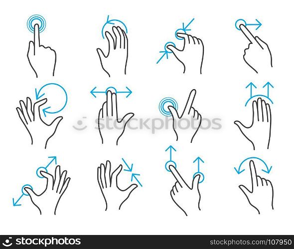 Hand touchscreen gestures. Hand touchscreen gestures. Vector hands actions icons on touch screens like swipe and slide touch
