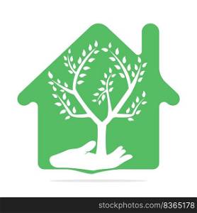 Hand tree and house logo design. Natural home care logo. Spa logo. Beauty salon or yoga logo.	