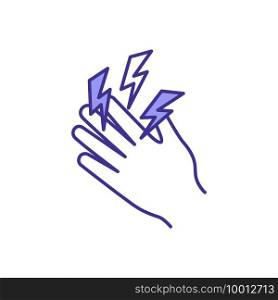Hand tremors RGB color icon. Joint inflammation. Carpal tunnel syndrome. Shaking hands. Arthritis. Movement disorder. Repetitive motion injury. Pain in wrist, hand. Isolated vector illustration. Hand tremors RGB color icon