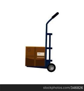 Hand truck with box icon in cartoon style on a white background. Hand truck with box icon, cartoon style