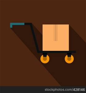 Hand truck with cardboard box icon. Flat illustration of hand truck with cardboard box vector icon for web isolated on coffee background. Hand truck with cardboard box icon, flat style