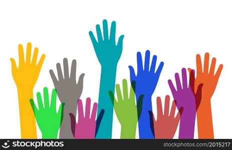 Hand up of crowd. Silhouette of hand people raised for vote, charity and happy. Many color volunteer arms on white background. Group of fun humans with hands up. Concept of democracy, freedom. Vector.. Hand up of crowd. Silhouette of hand people raised for vote, charity and happy. Many color volunteer arms on white background. Group of fun humans with hands up. Concept of democracy, freedom. Vector