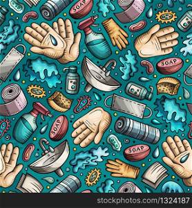 Hand wash hand drawn doodles seamless pattern. Protective measures background. Cartoon print design. Colorful vector illustrations. Hand wash hand drawn doodles seamless pattern. Protective measures background.