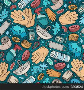 Hand wash hand drawn doodles seamless pattern. Protective measures background. Cartoon print design. Colorful vector illustrations. Hand wash hand drawn doodles seamless pattern. Protective measures background.