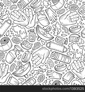 Hand wash hand drawn doodles seamless pattern. Protective measures background. Cartoon print design. Sketchy vector illustrations. Hand wash hand drawn doodles seamless pattern. Protective measures background.