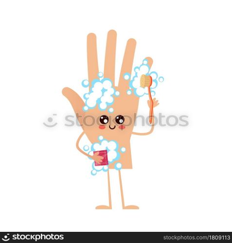 Hand washes arm. Cartoon human body part cleaning itself with soap foam and brush. Funny hygiene mascot. Isolated character with cute face and limbs. Health care or illness prevention. Vector concept. Hand washes arm. Human body part cleaning itself with soap foam and brush. Hygiene mascot. Isolated character with cute face and limbs. Health care or illness prevention. Vector concept